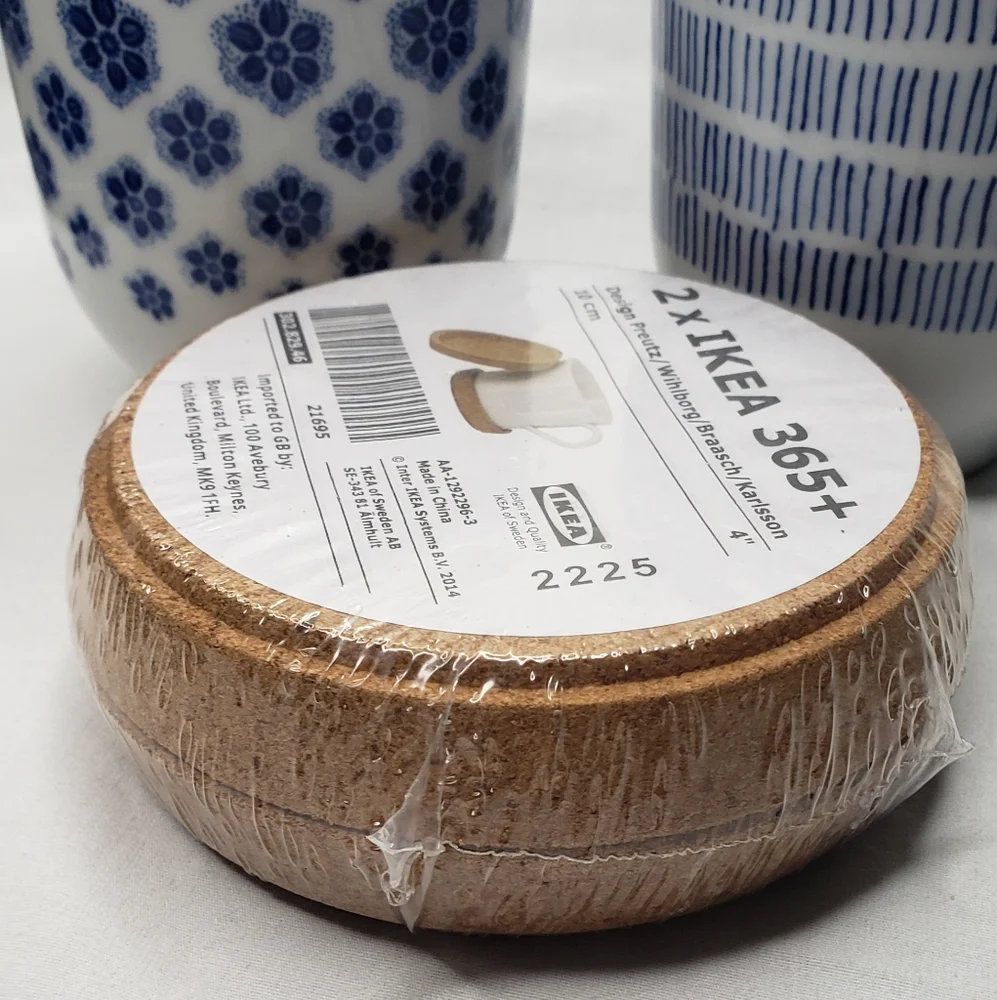IKEA 365 New Cork Coasters + Blue Patterned Mugs Set